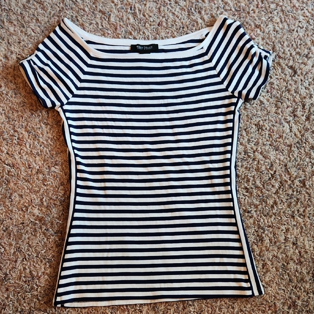 White House Black Market Navy and White Striped Tee
